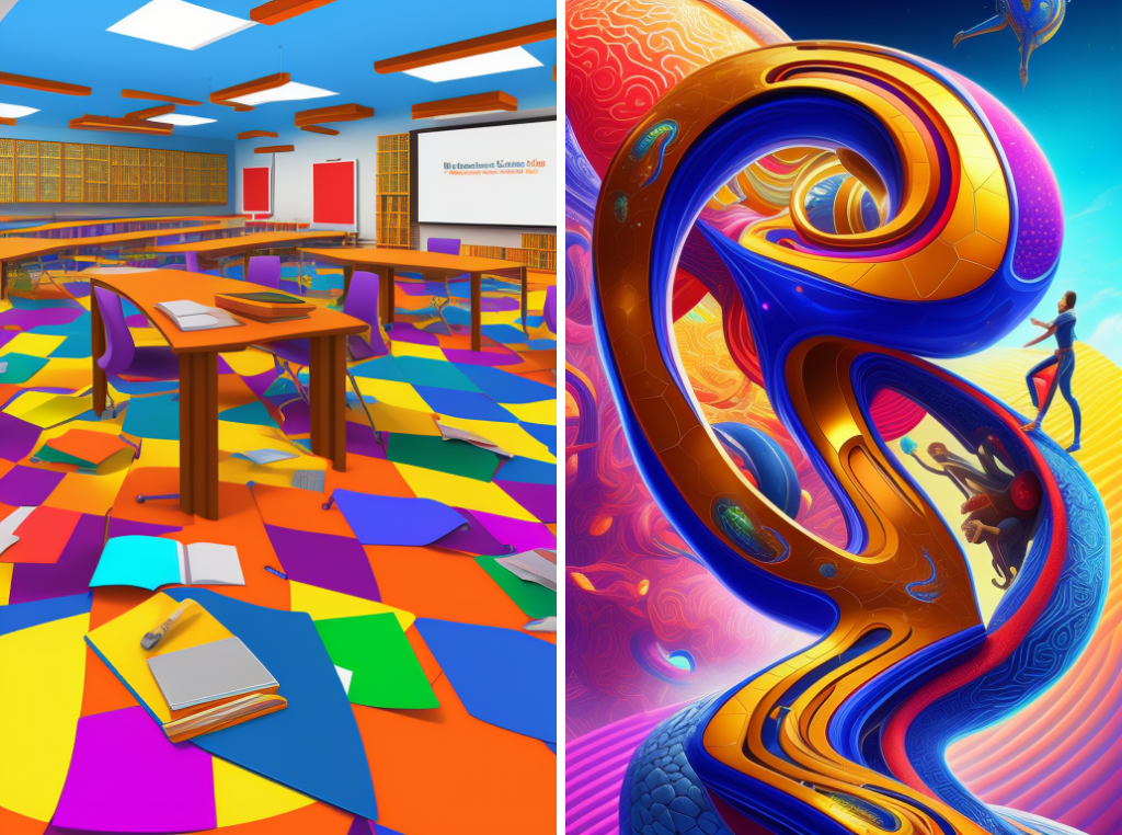 Two AI-generated images in bright colors. One has bright floor tiles in an empty classroom. The other has a multicolored swirl with a person walking on one curve.