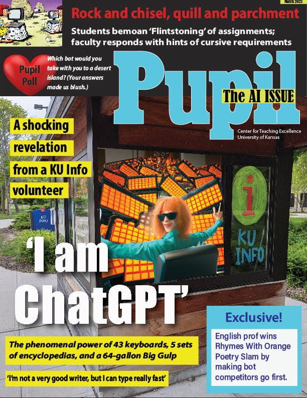 Cover of Pupil magazine with an orange-haired person sitting in a booth with a pile of keyboards