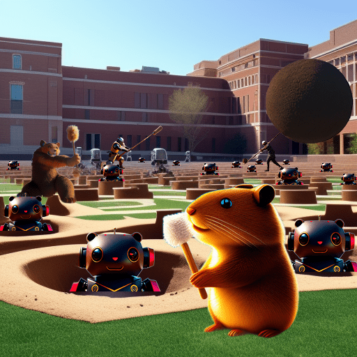 Montage of gophers and men trying to hit moles that pop up from the ground at a university quad