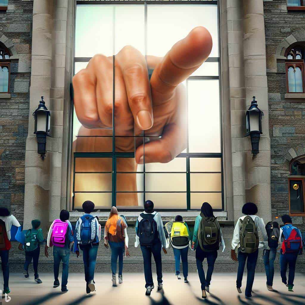 Giant white hand pokes through window of a university building as college students with backpacks walk toward it