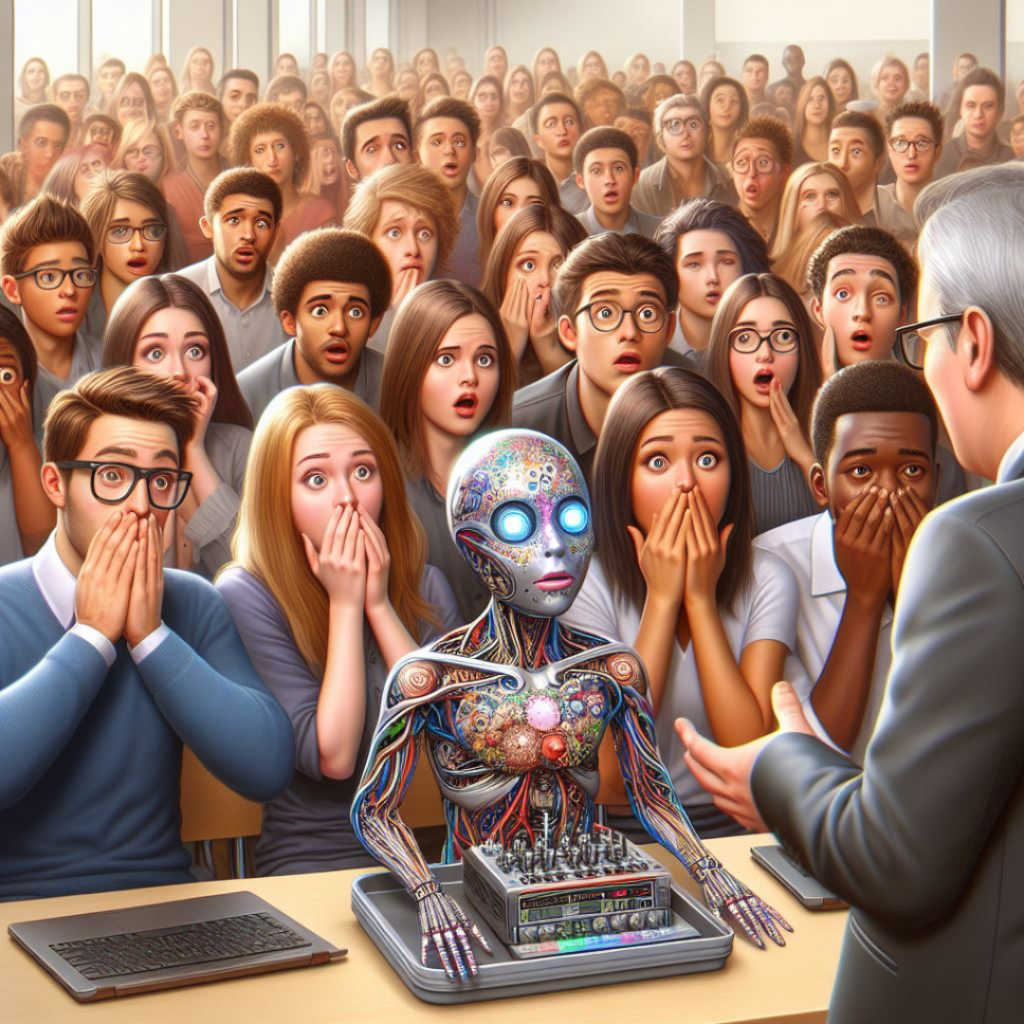 Students gasp as professor stands at front of room and shows a lifelike robot